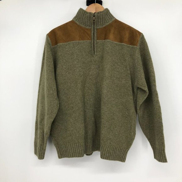 Pendleton Shetland Wool Olive Green Quarter Zip suede elbow patch sweater SP - Picture 11 of 16